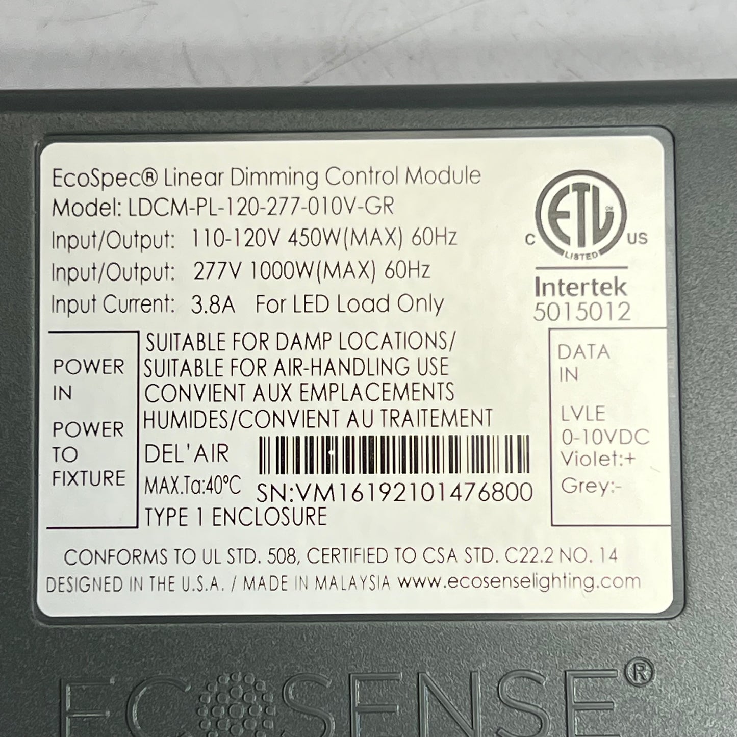 ECOSENSE Led Linear Dimming Control Module 0-10v Grey LDCM-PL-120-277-010V-GR