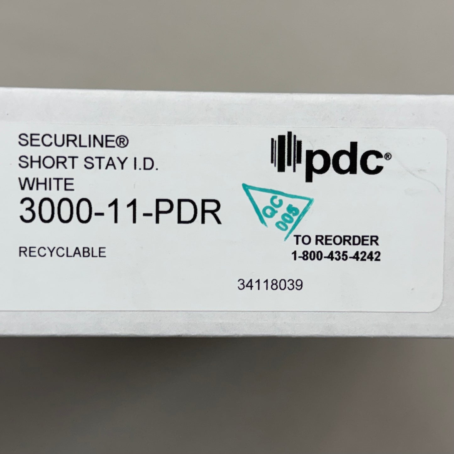 PDC (1000 Pack) Secureline Short Stay I.D. Write On Wrist Band Bracelets White 3000-11-PDR Adhesive Closure