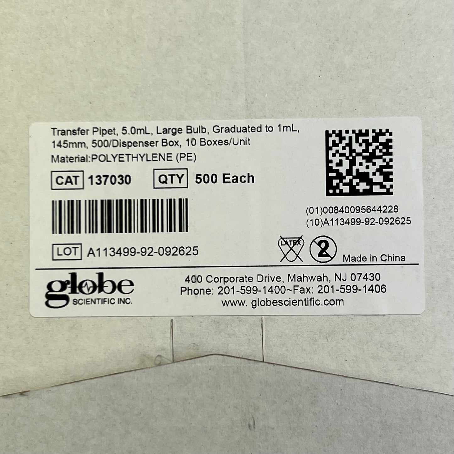 GLOBE SCIENTIFIC (500 PACK) Transfer Pipet Polyethylene Clear Large Bulb 5.0mL 137030