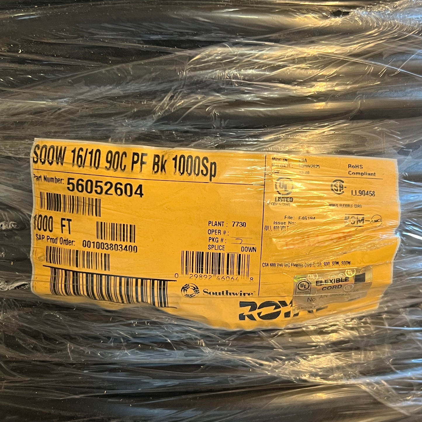 ROYAL 16/10 90c Pf Bk 1000sp Soow Portable Cord 1000 ft Black 56052604