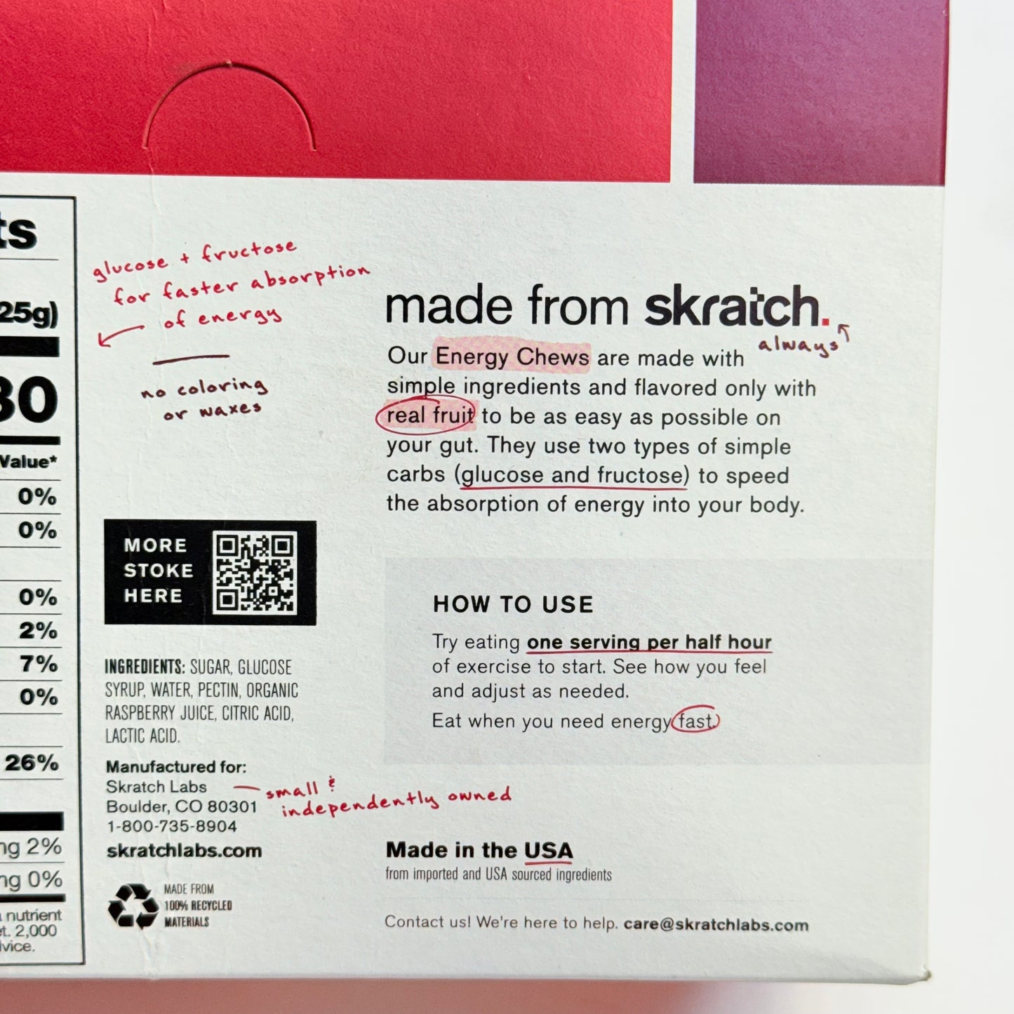 ZA@ SKRATCH (10 PACK) Raspberry Energy Chews 1.76 Oz BB 01/27 (New - Dented Box)