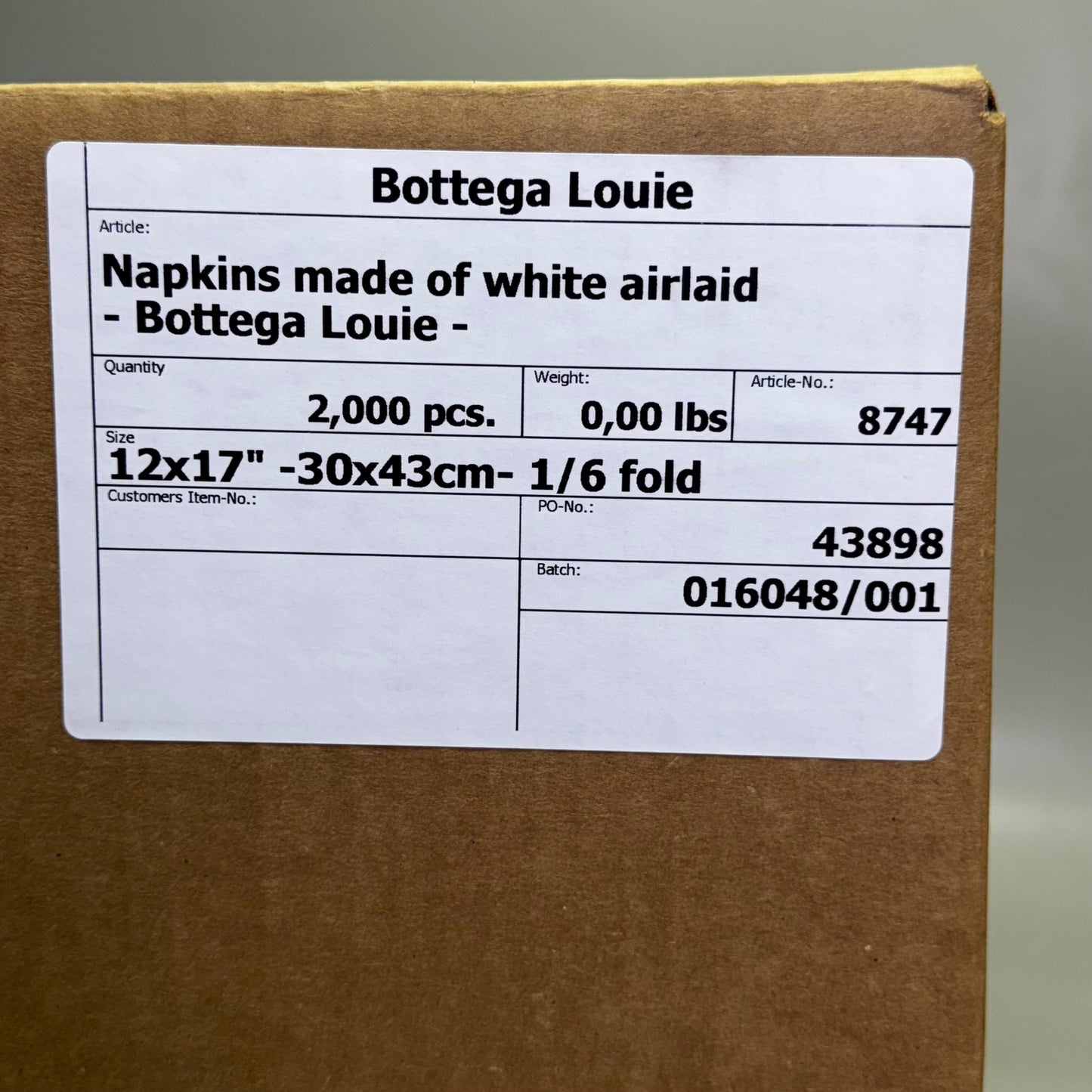 ZA@ BOTTEGA LOUIE (2000 Pcs) Napkins Made of White Airlaid Sz 12" x 12" (New) A
