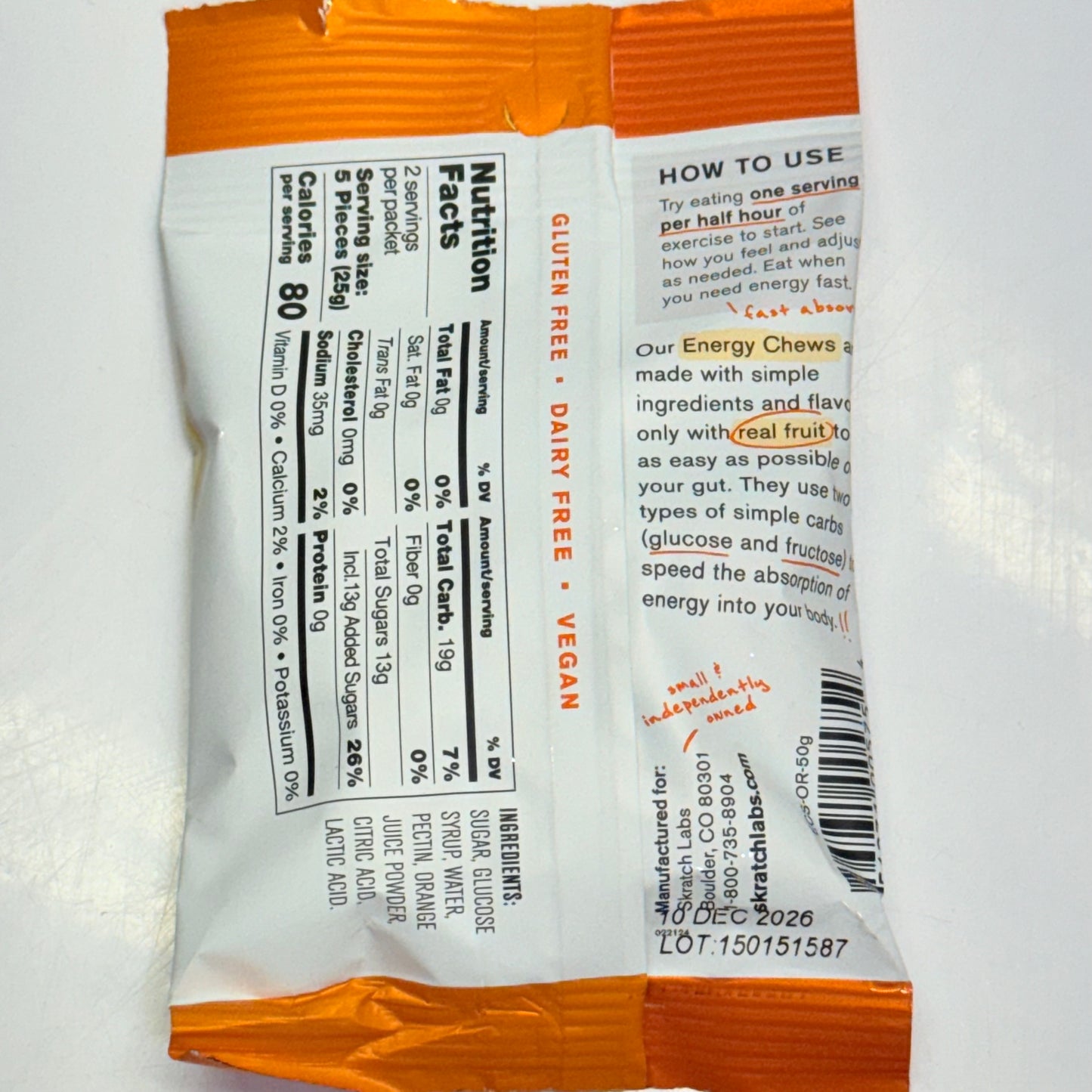 ZA@ SKRATCH (10 PACK) Orange Energy Chews 1.76 Oz BB 12/26 (New - Dented Box)