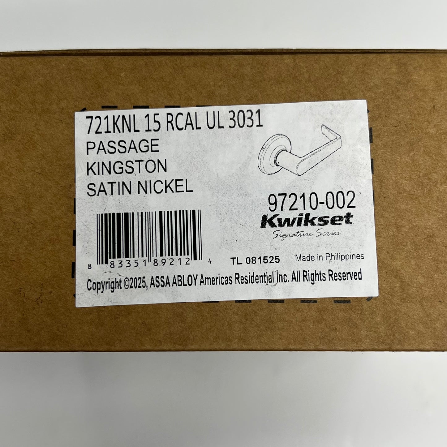 KWIKSET Kingston Passage Lever Fits 1-3/8" To 1-3/4" Satin Nickel 97210-002