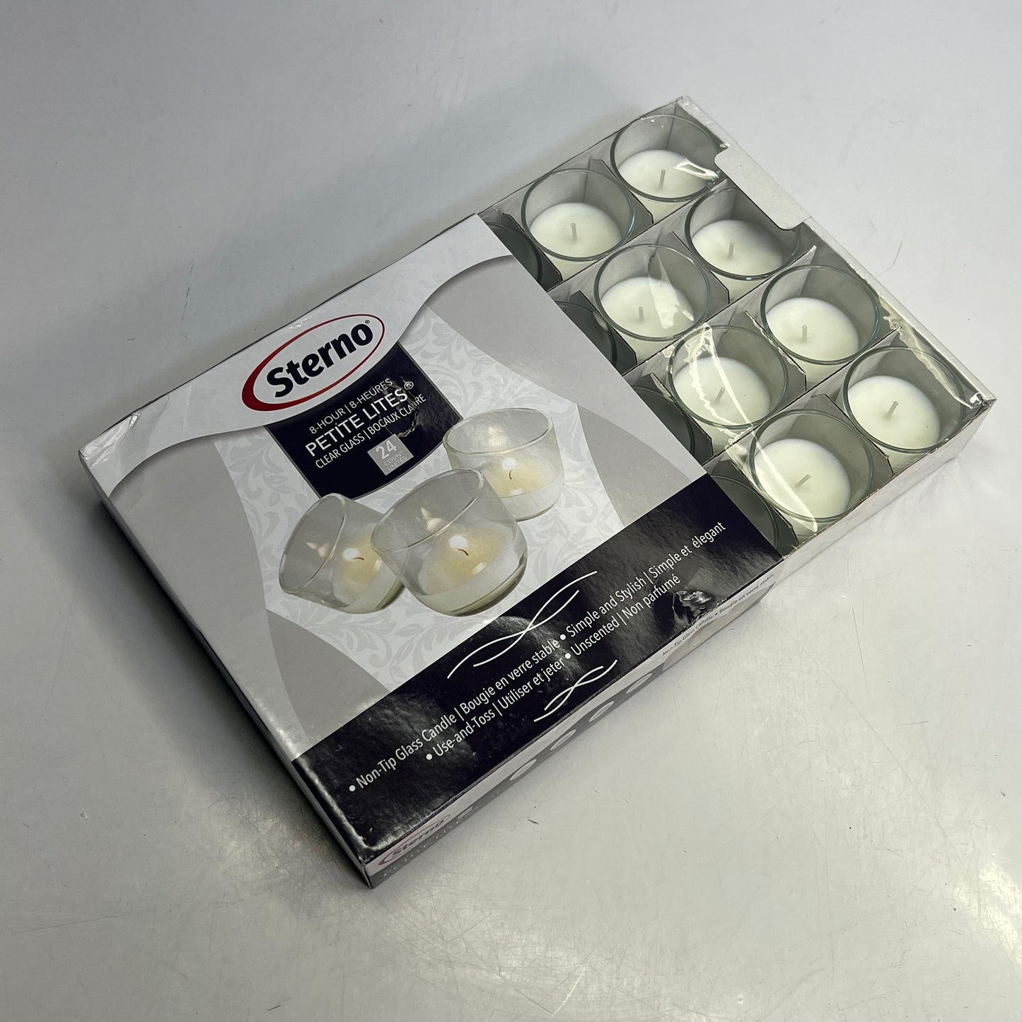 STERNO (24 PACK) Petite Lites Glass Candles 8 Hours  Clear/White 40114