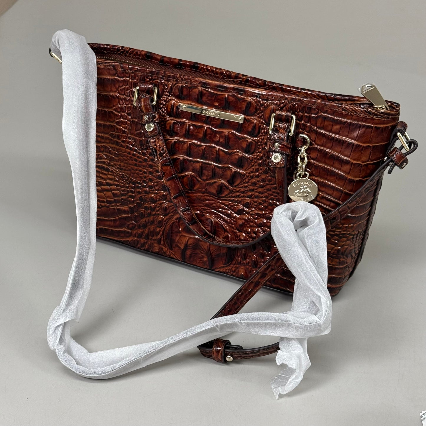 BRAHMIN Melbourne Leather Crocodile Embossed Med Asher Tote Bag (Brown)