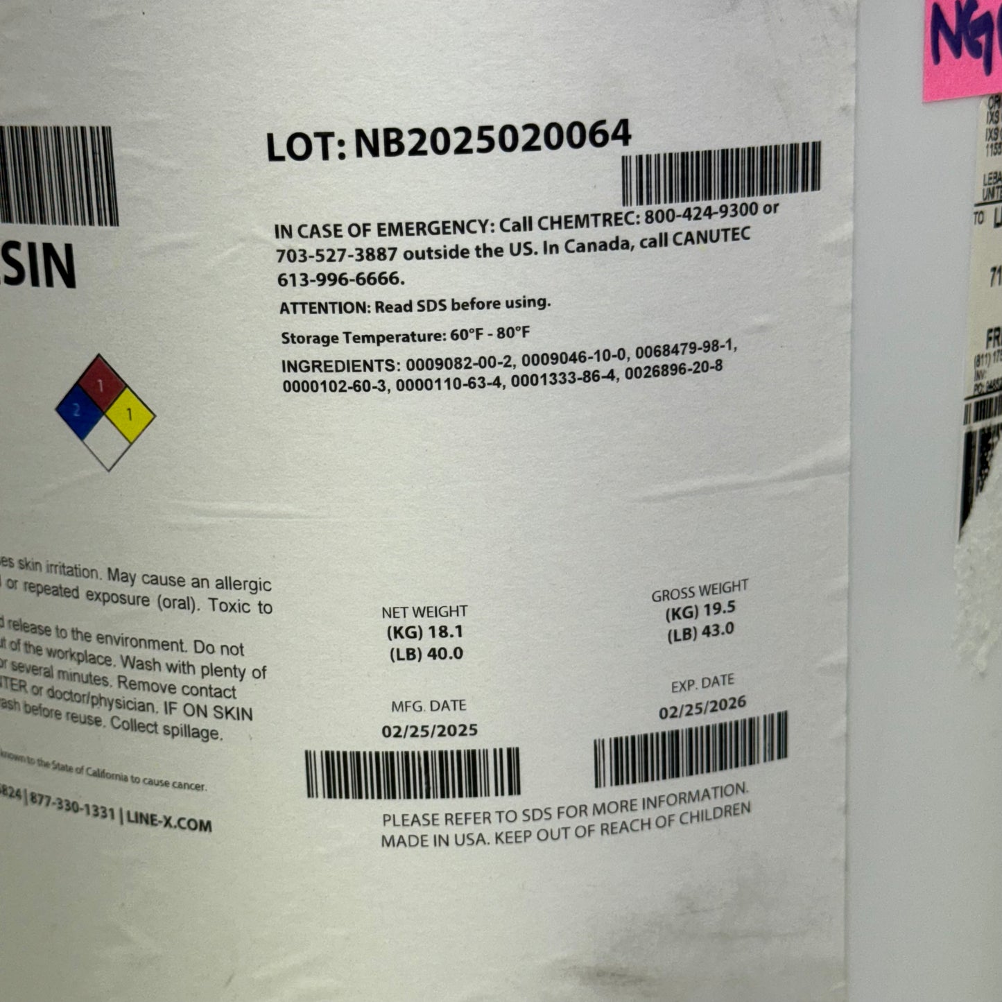 LINEX LINE-X XS-BK100 RESIN 40 Lbs BB 02/26