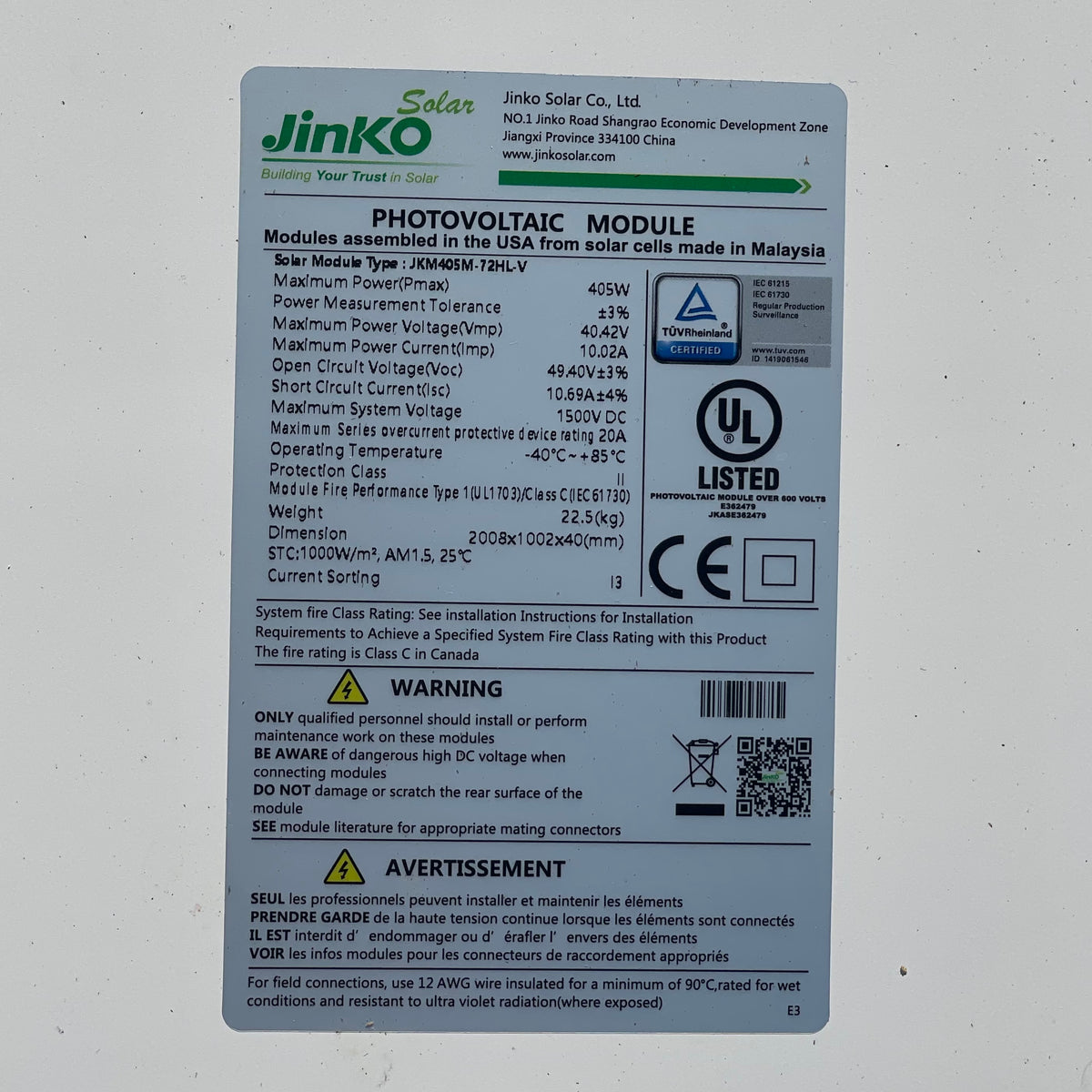 JINKO Solar Panel Photovoltaic Module 79"x39" JKM405M-72HL-V