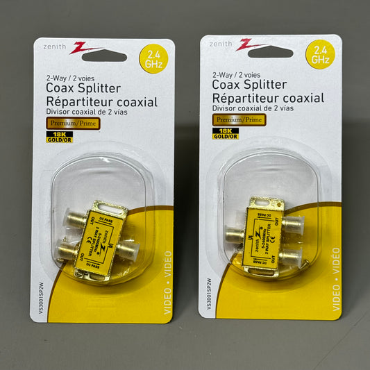 ZENITH (2 PACK) Premium 2-Way Coax Splitter 2.4GHz Protected 18K Gold VS3001SP2W