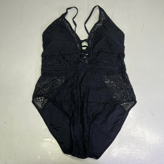 CHARMO Solid Cross Plunge Crochet One Piece Swimsuit Women's Sz M Black