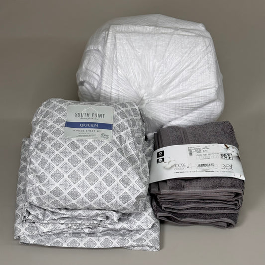 ZA@ MISCELLANEOUS BEDDING (3 PACK) 2 Sets of Sheets & Blanket King Grey/Blue/White Like New