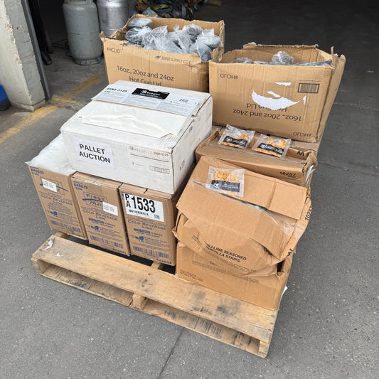 ZA@ Pallet of FIRST MARK Clear Lids, Black Hot Cup Lids, Tortilla Strips, & Toilet Seat Covers