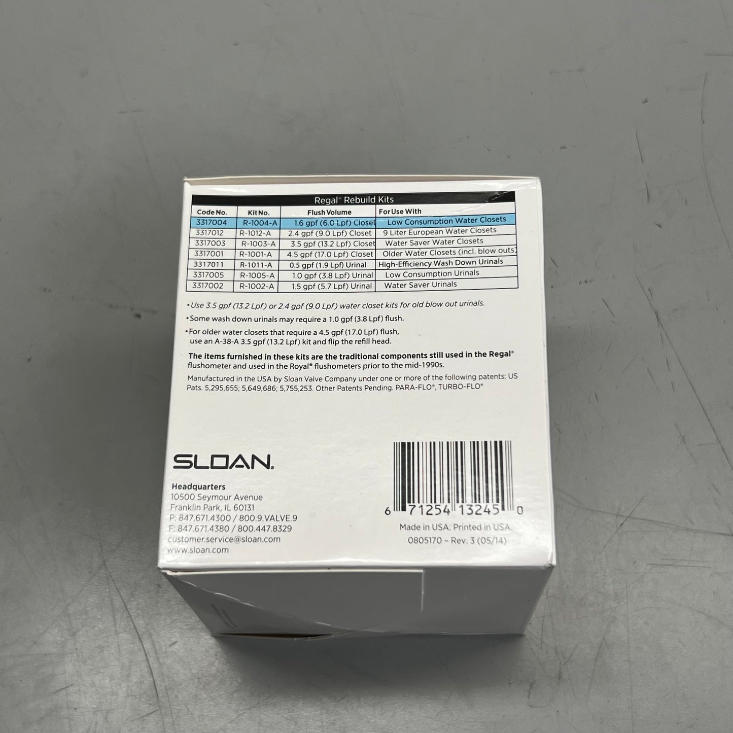 SLOAN Water Closet Flushometer Rebuild Kit 1.6 GPF R-1004-A