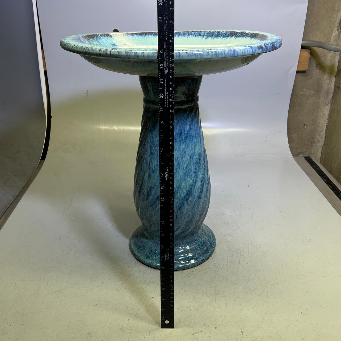 ZA@ Glazed Pottery 2 Piece Swirl Bird Bath 22" L x 20" Dia  Aqua Blue/Navy A