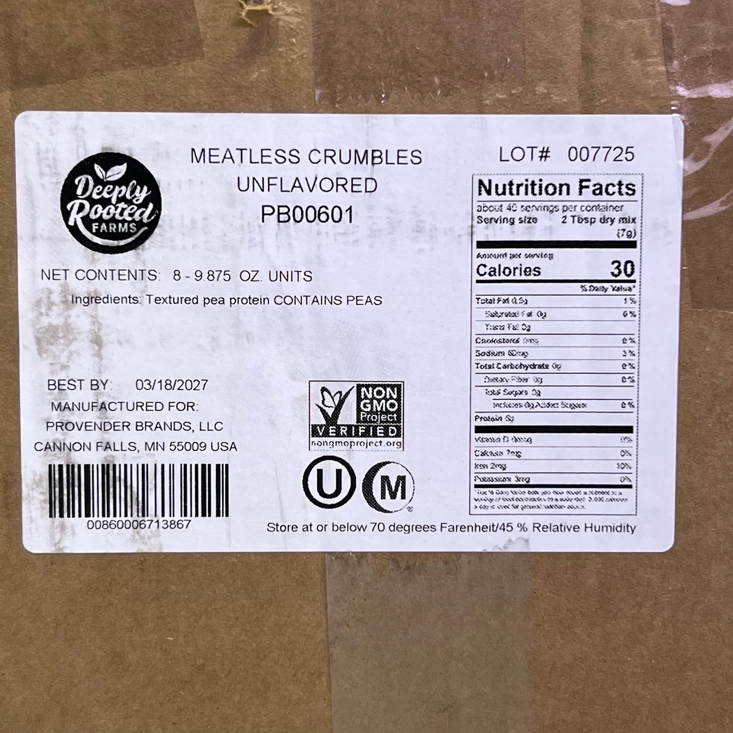 DEEPLY ROOTED FARMS (8 PACK) Meatless Crumbles Unflavored 9.8 oz BB 03/27 PB00601 (New Other, Distressed Box)