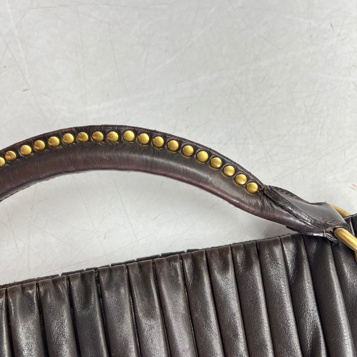 MIU MIU Bosco Leather Pilsse Tote Gold Studded Handle 14"x14" Brown (Pre-Owned)