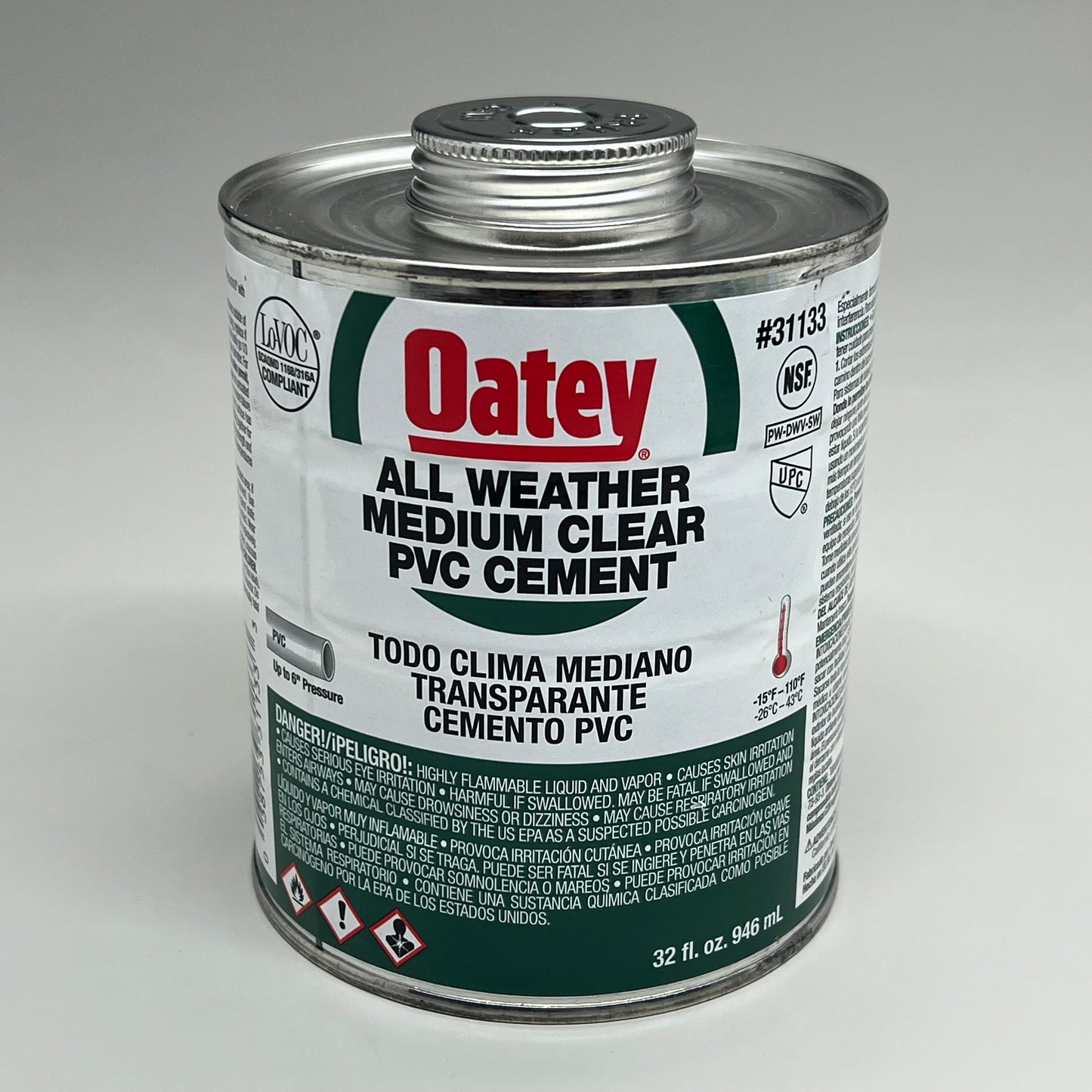 OATEY All Weather Medium Clear PVC Cement Solvent Weld up to 6" Dia 32 fl oz 31133