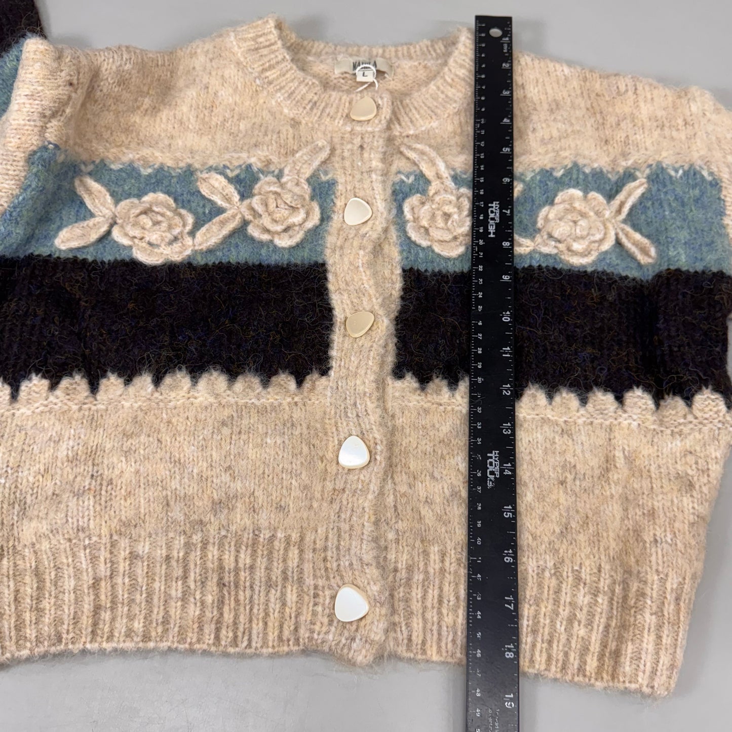 MAHILA Louisa Bloom Cropped Cardigan Fuzzy Embroidered Rosette Women's SZ L Blue