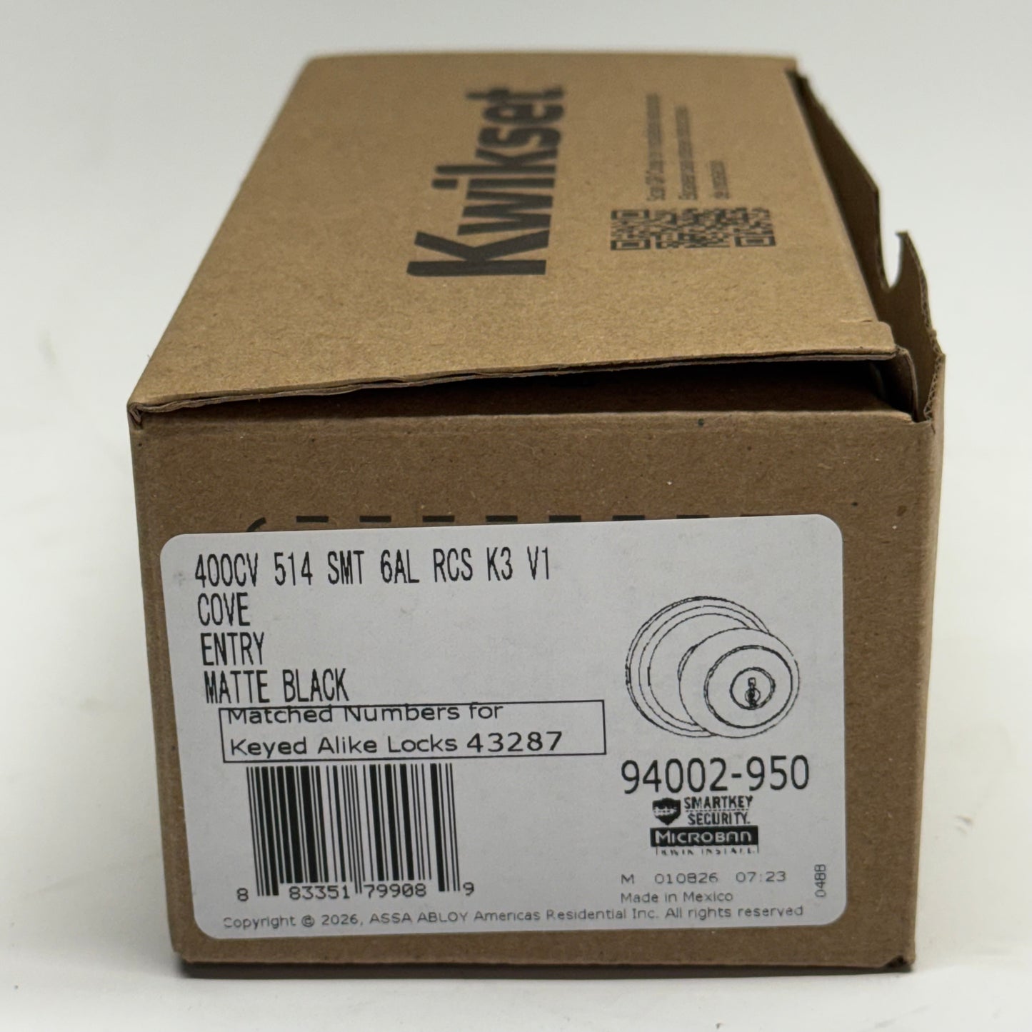 KWIKSET Cove Entry Door Knob with Key, Matte Black Matte Black 400CV 514 - 94002-950