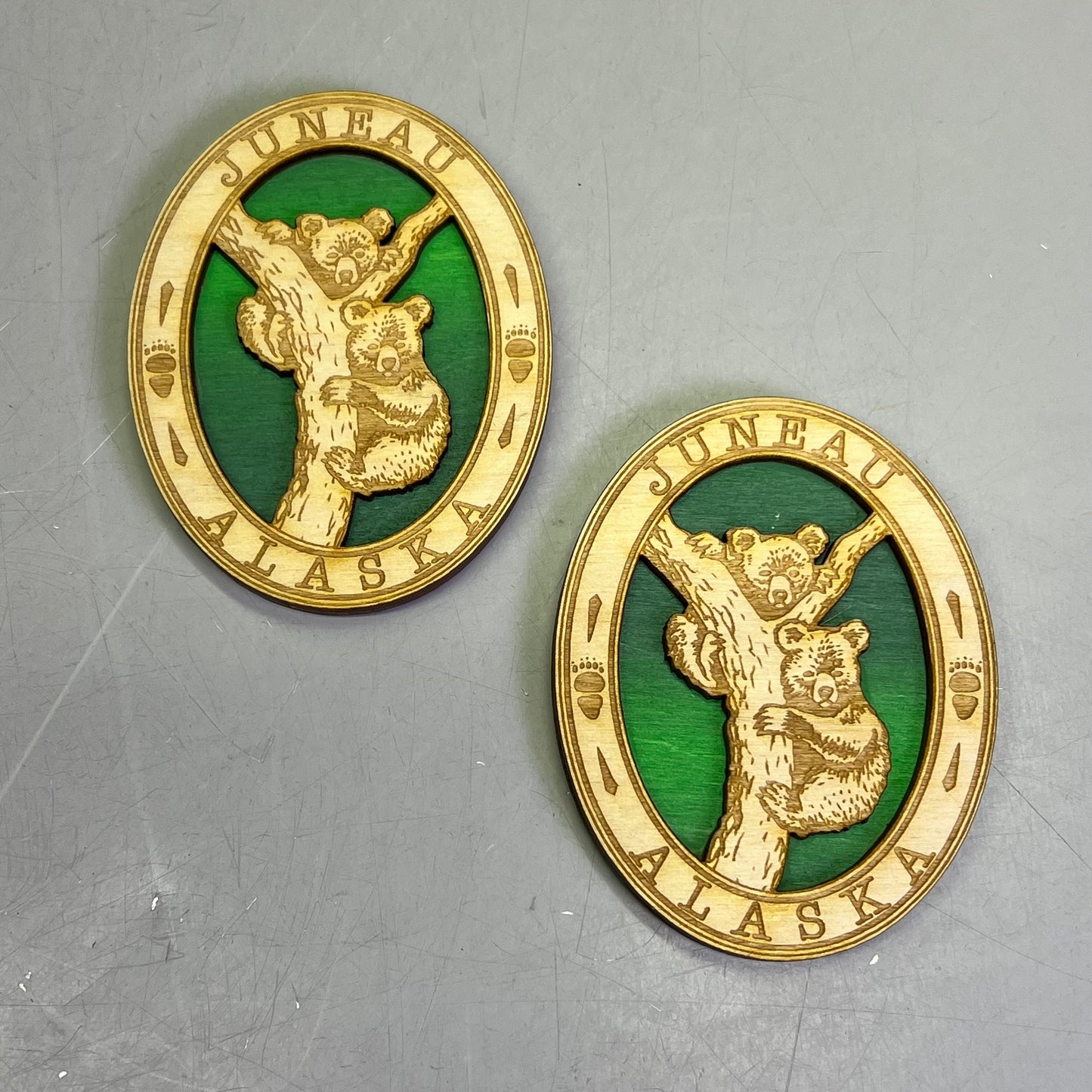 (2 PACK) Baby Bears Tree Laser Cut Wood Magnet Souvenir JUNEAU, AK Made In USA