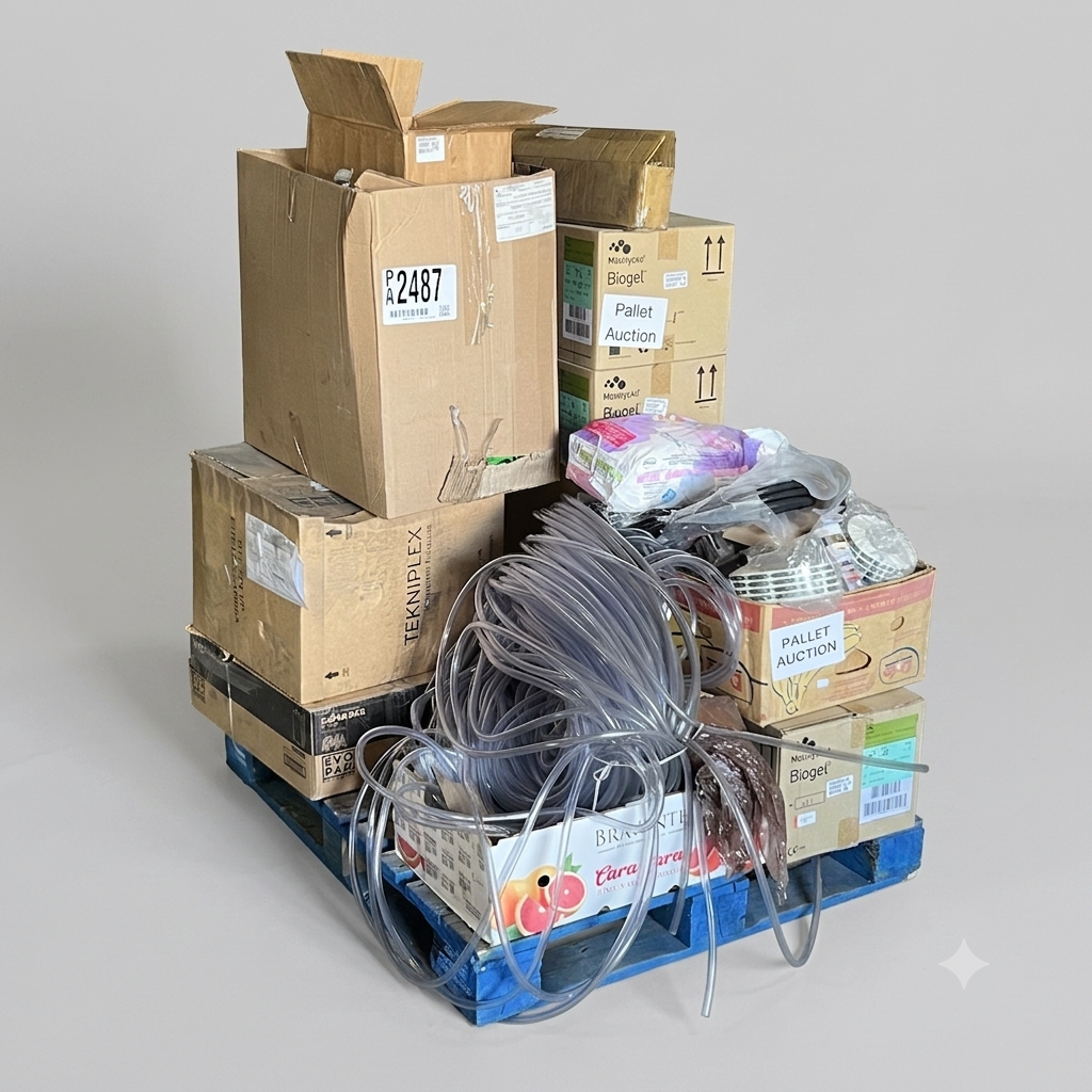 ZA@ Pallet of MIXED Underwear, Saline Irrigation Solution, Paper Bags, Biogel Latex Surgical Indicator Underglove, Plastic Hose, Etc... (AS-IS)