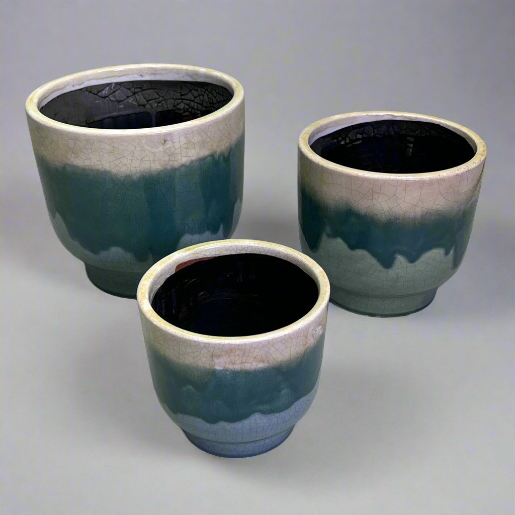 CREATIVE CO-OP Set Of 3 Terracotta Footed Planters Drip Glaze Green/Cream DG0506