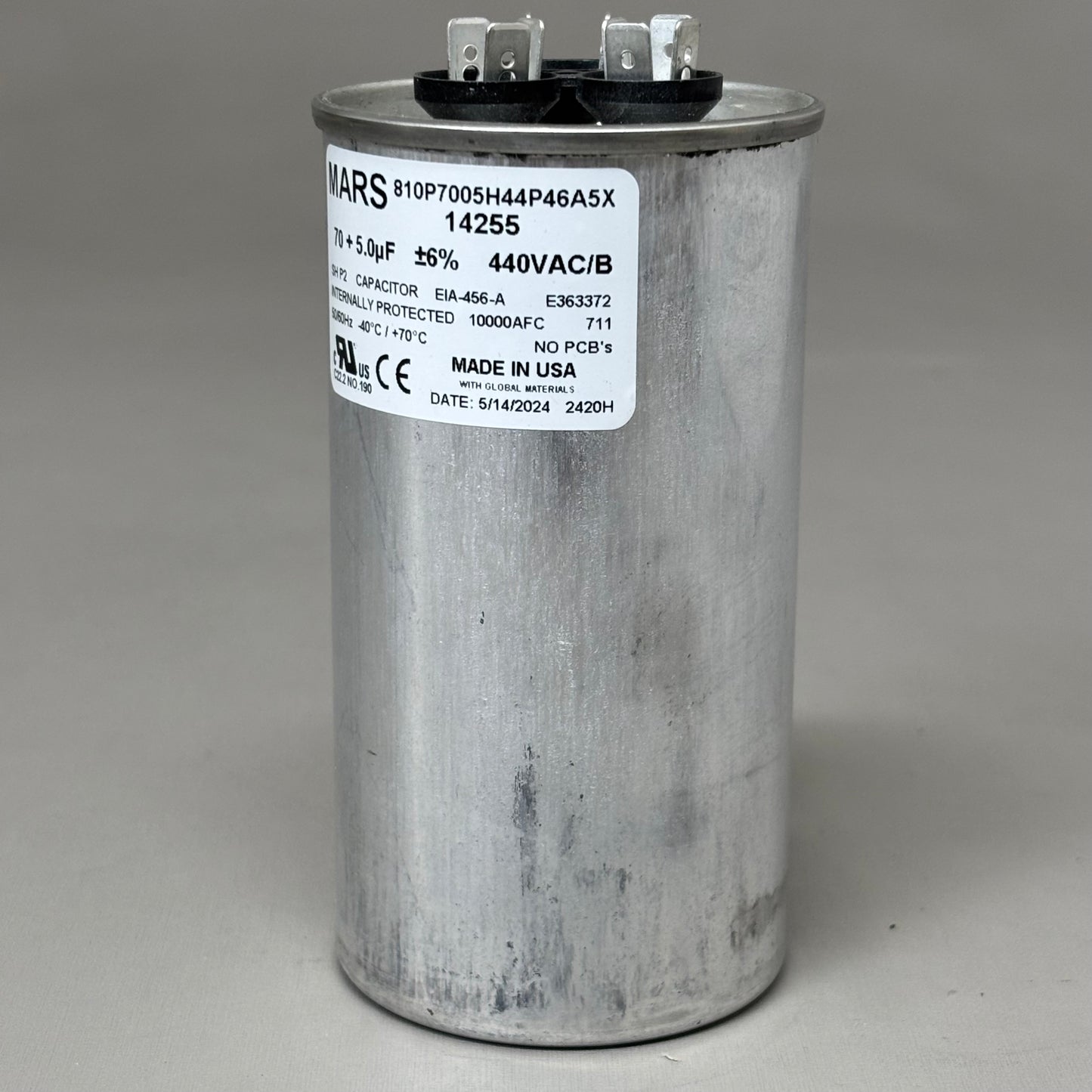 MARS Aluminum Motor Run Capacitor Round 70/5 MFD 440/370 VAC Dual Voltage 14255