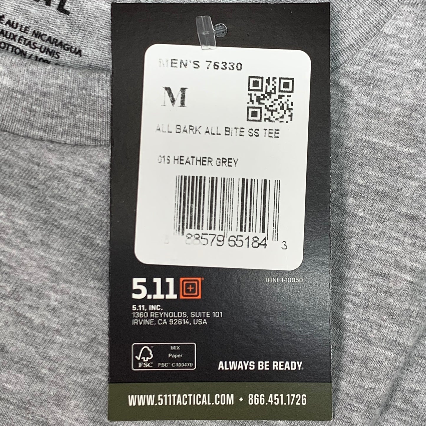 5.11 TACTICAL All Bark All Bite T-Shirt Cotton Polyester 016 Heather Grey Sz M #76330