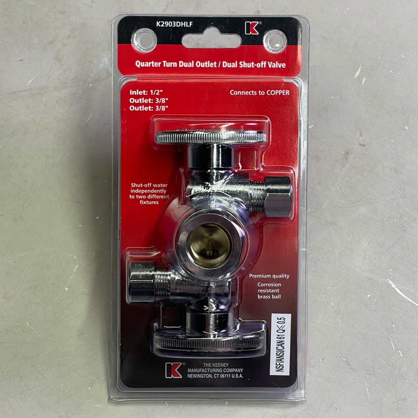 KEENEY Quarter Turn 3-Way Dual Shut-off Valve 5/8"OD x 3/8"OD x 3/8"OD K2903DHLF