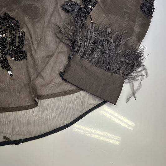 ZARA Button Up Semi-Sheer Sequin Feather Blouse Women's Sz XL Black/Brown
