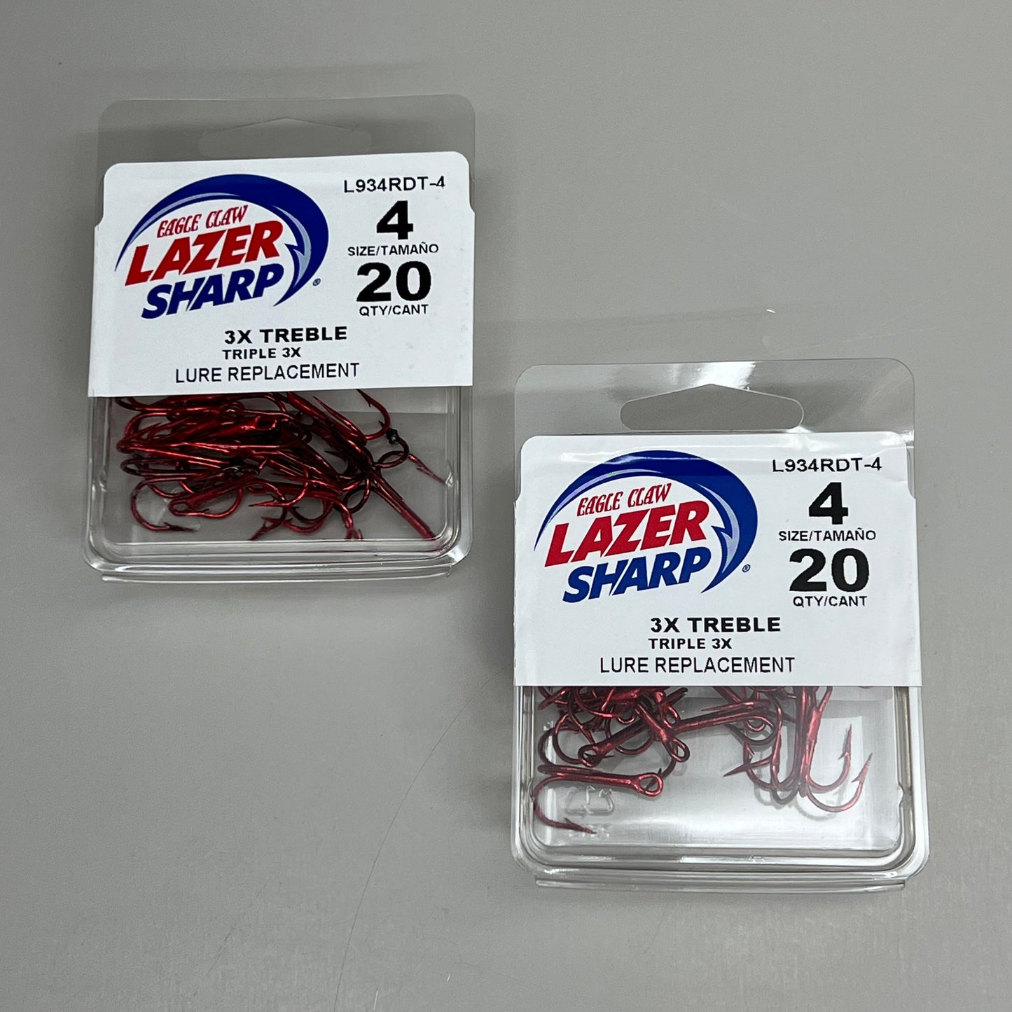 EAGLE CLAW(2 PACK) 3X Treble Regular Shank Round Bend Hook Red #4 20pc L934RDT-4