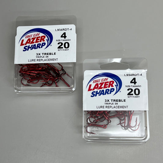 EAGLE CLAW(2 PACK) 3X Treble Regular Shank Round Bend Hook Red #4 20pc L934RDT-4