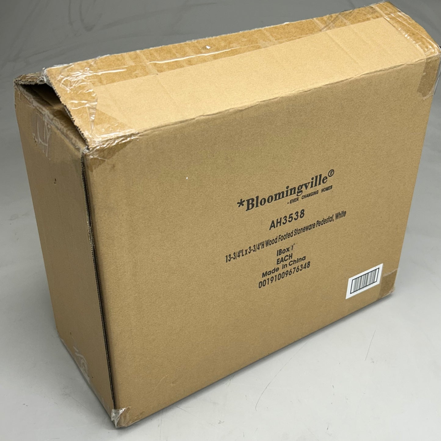 BLOOMINGVILLE Stoneware Pedestal W/ Acacia Base  14" Length White AH3538