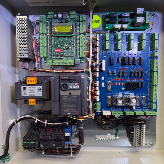 Electrical panel with various circuit boards and wiring