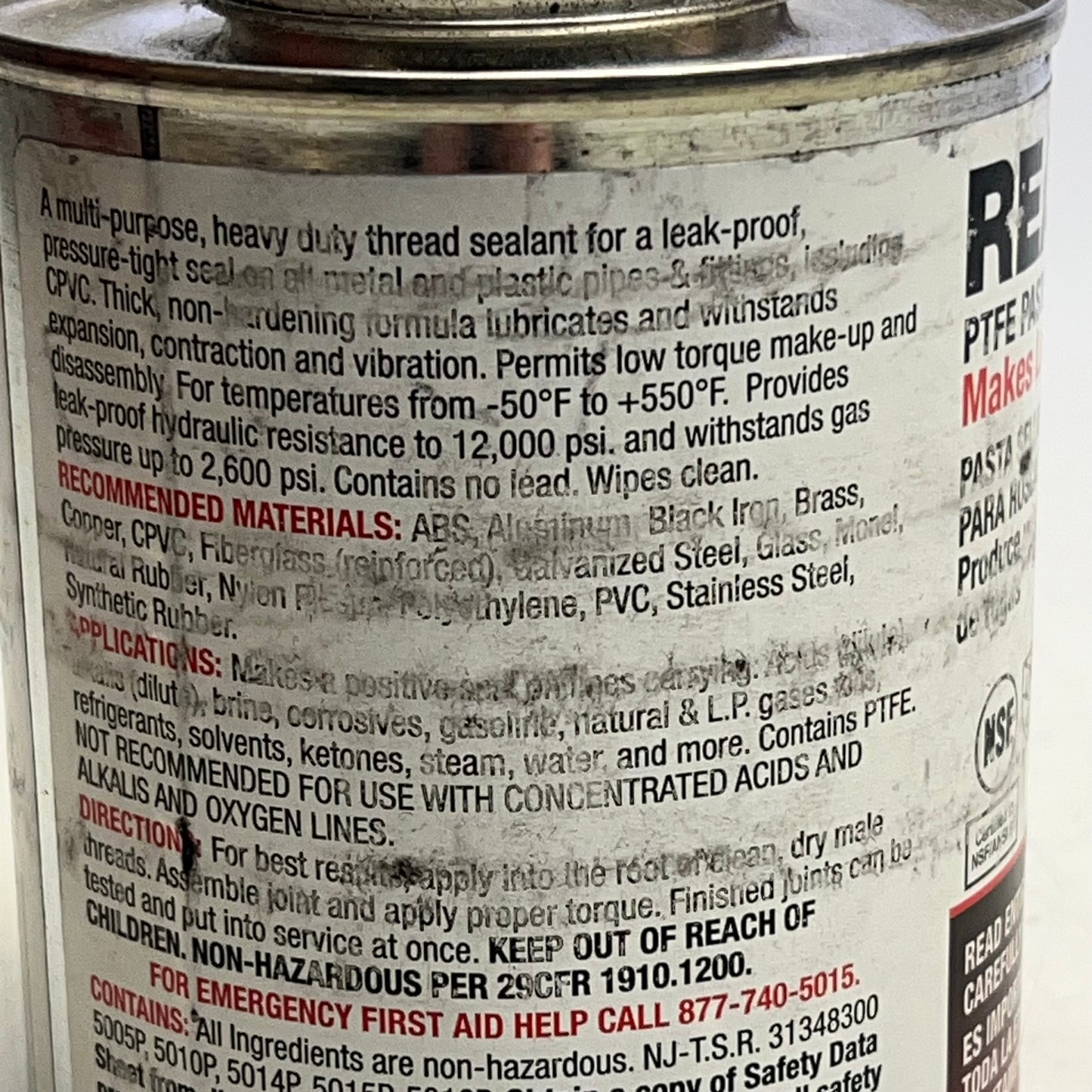 HERCULES REAL-TUFF PTFE Paste Thread Sealant Leak-Proof Joints 16 Oz White 15625