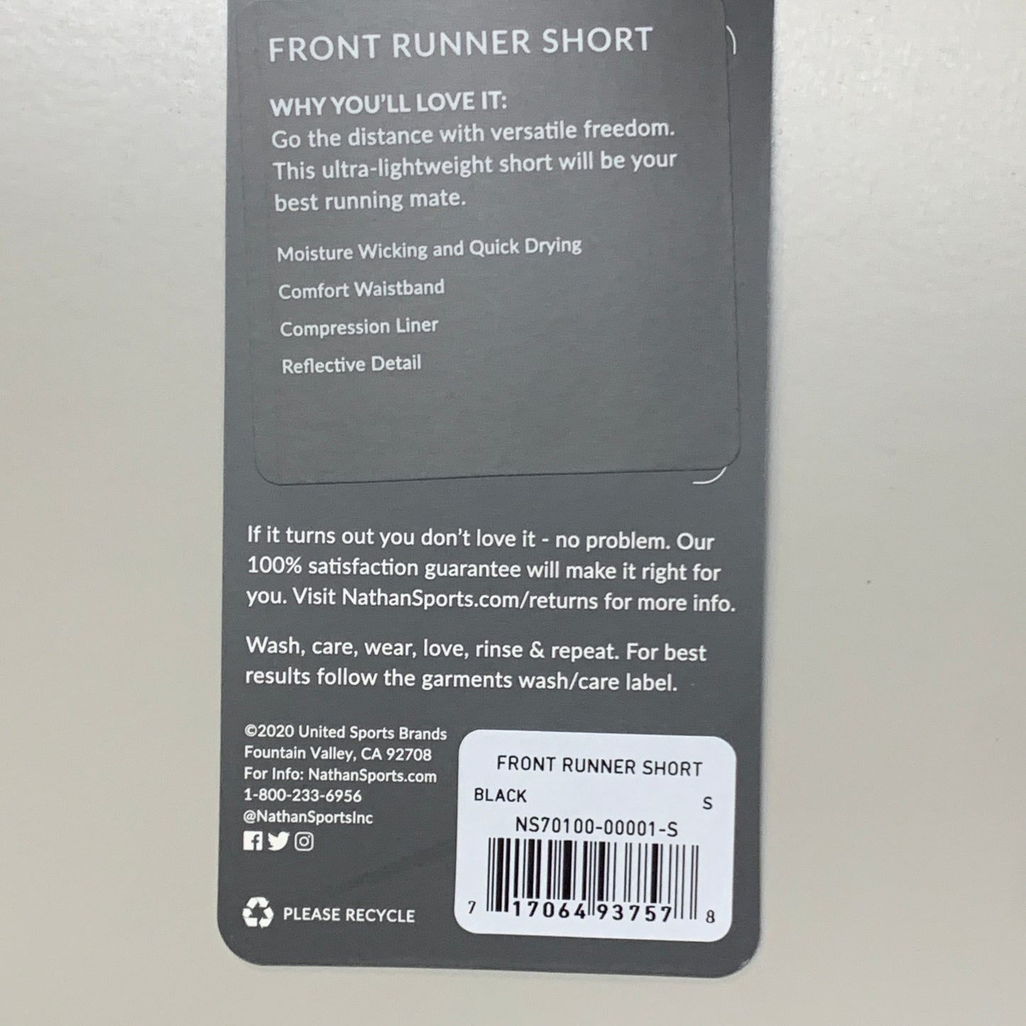 NATHAN Front Runner Shorts 5" Inseam Men's Black Size S NS70100-00001-S