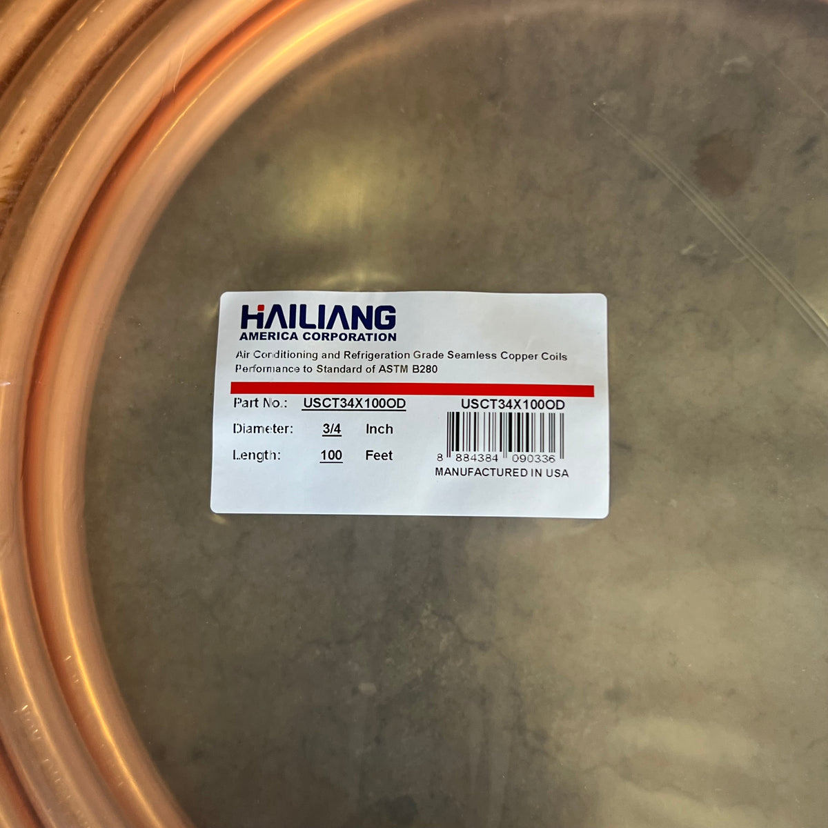 HAILIANG Soft Copper Tubing Coil for AC & Refrigeration Sz 3/4" x 100' USCT34X100OD