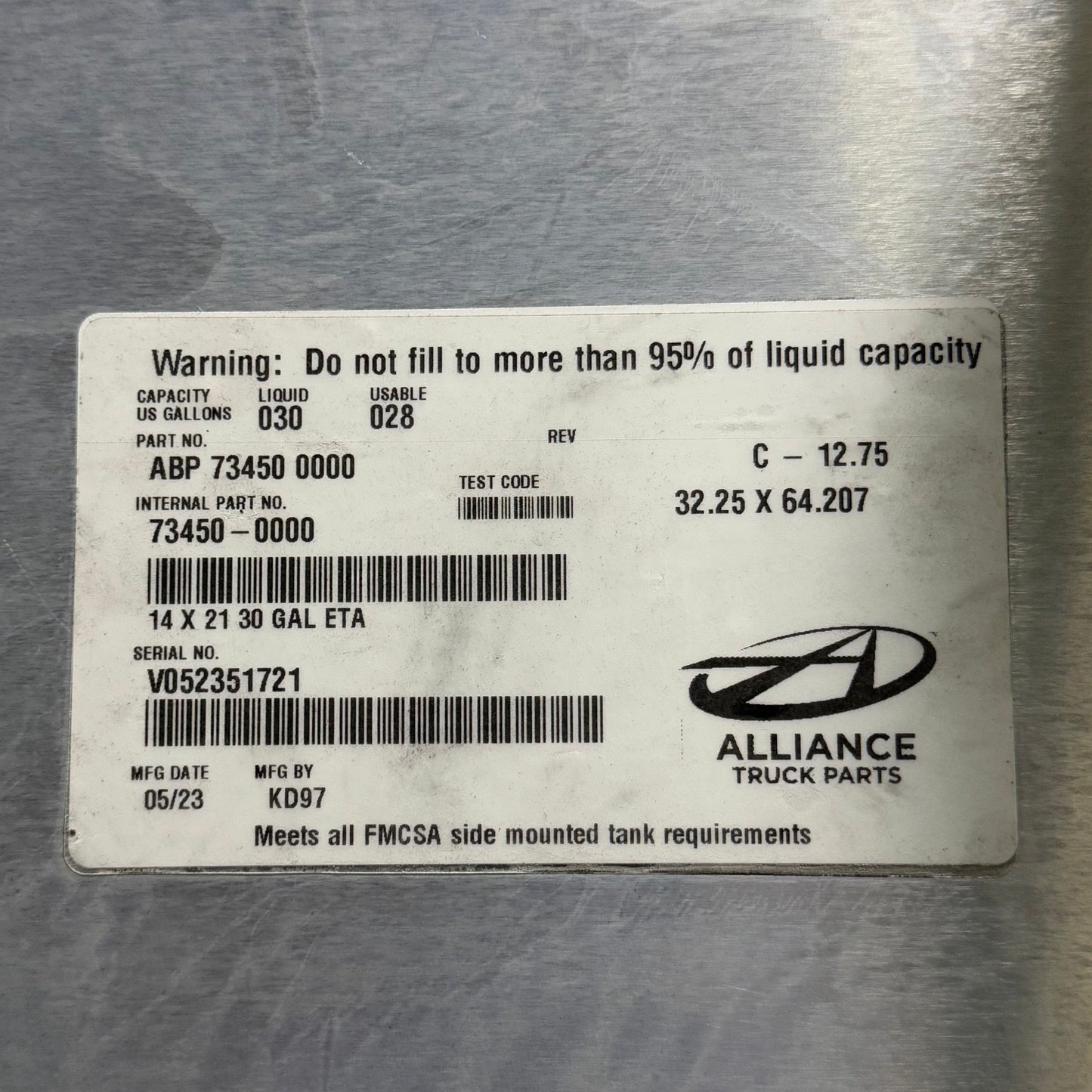 ALLIANCE Aluminum Fuel Tank Sz 33.5” H x 21” L x 13.5 W ABP 73450 0000 Dirty