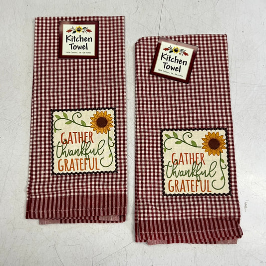 KANE KITCHEN (2 PACK) Kitchen Towels "Gather Thankful Grateful" 16"x28" Red