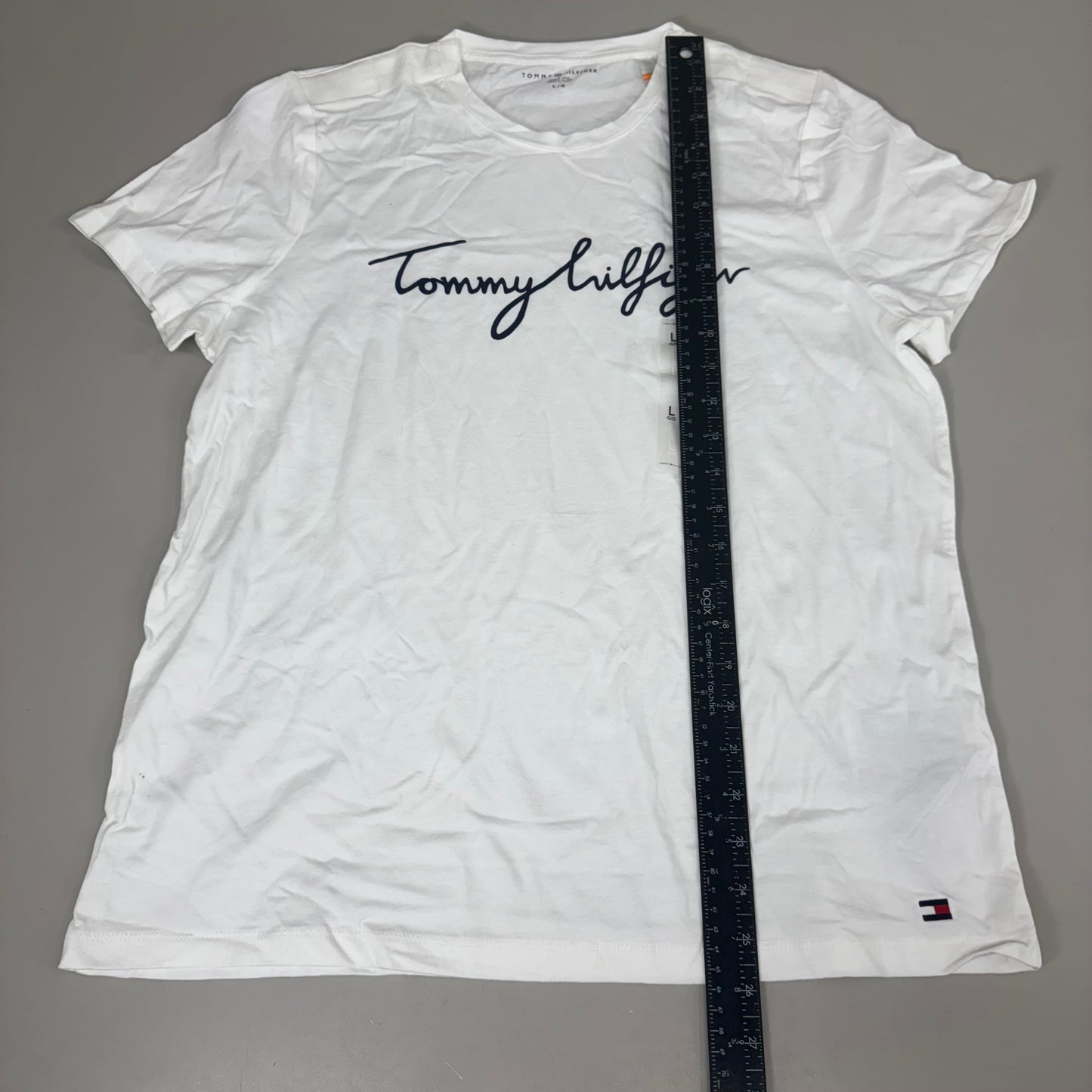 TOMMY HILFIGER Adaptive Short Sleeve Magnet Button T-Shirt White Women's SZ L Signature (New Other)