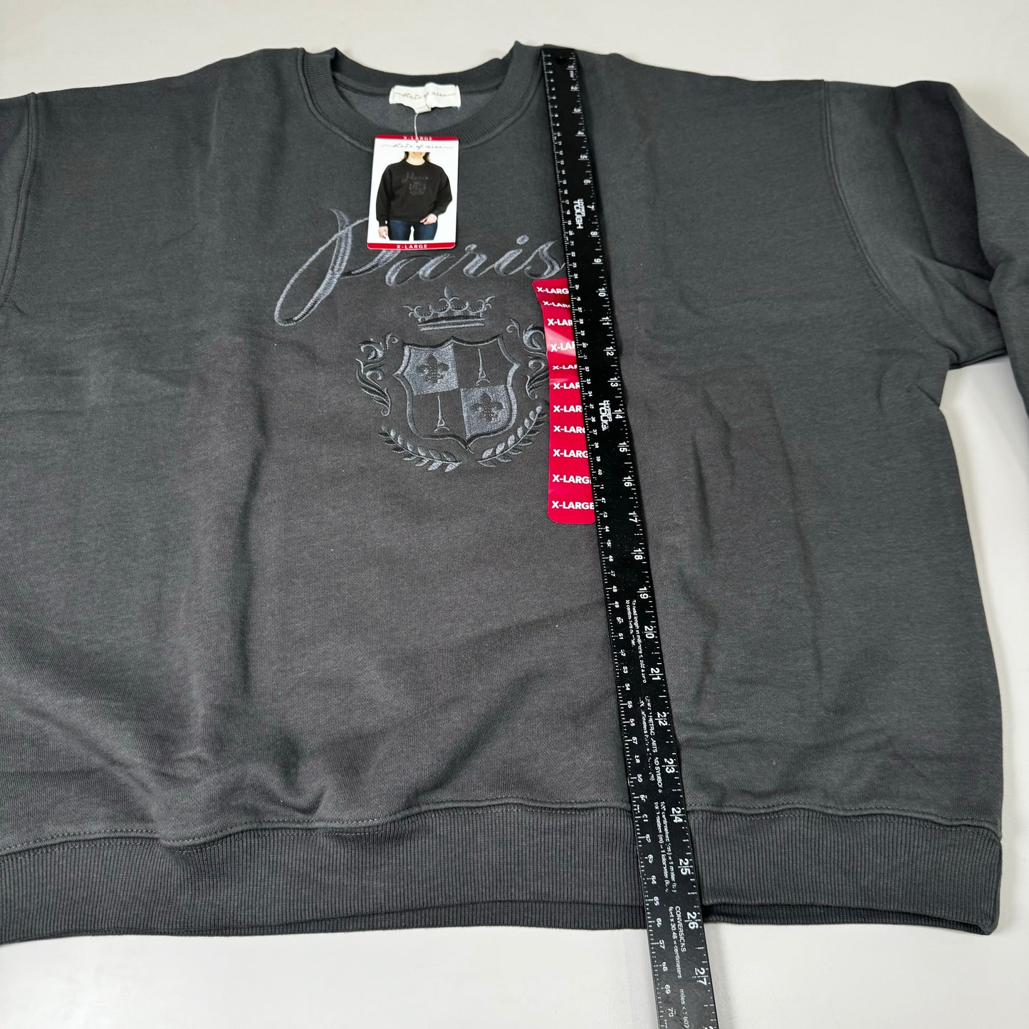 STATE OF MINE Paris Embroidered Crewneck Hoodie Dark Grey Women's Sz XL 15711