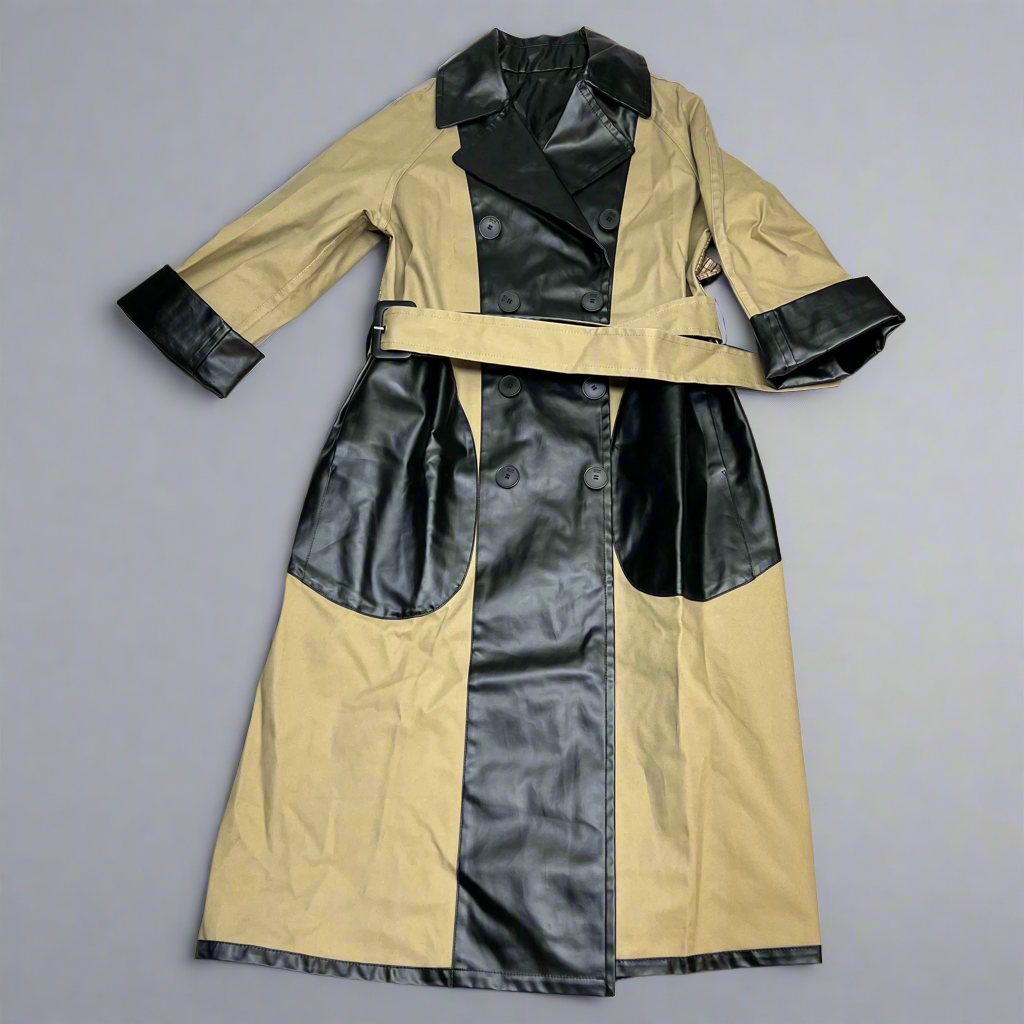 KOCHE MO & CO. Reversible Tie Around Trench Coat Unisex Sz M Khaki/Plaid/Black