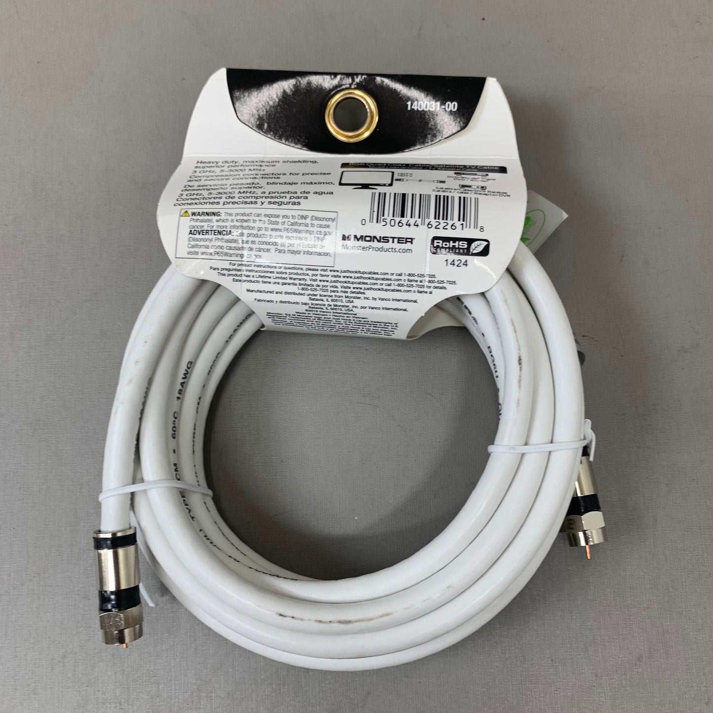 MONSTER (2Pack) RG6 Quad Coax Satellite Tv Cables 6ft, 12ft White 140037-00,140031-00