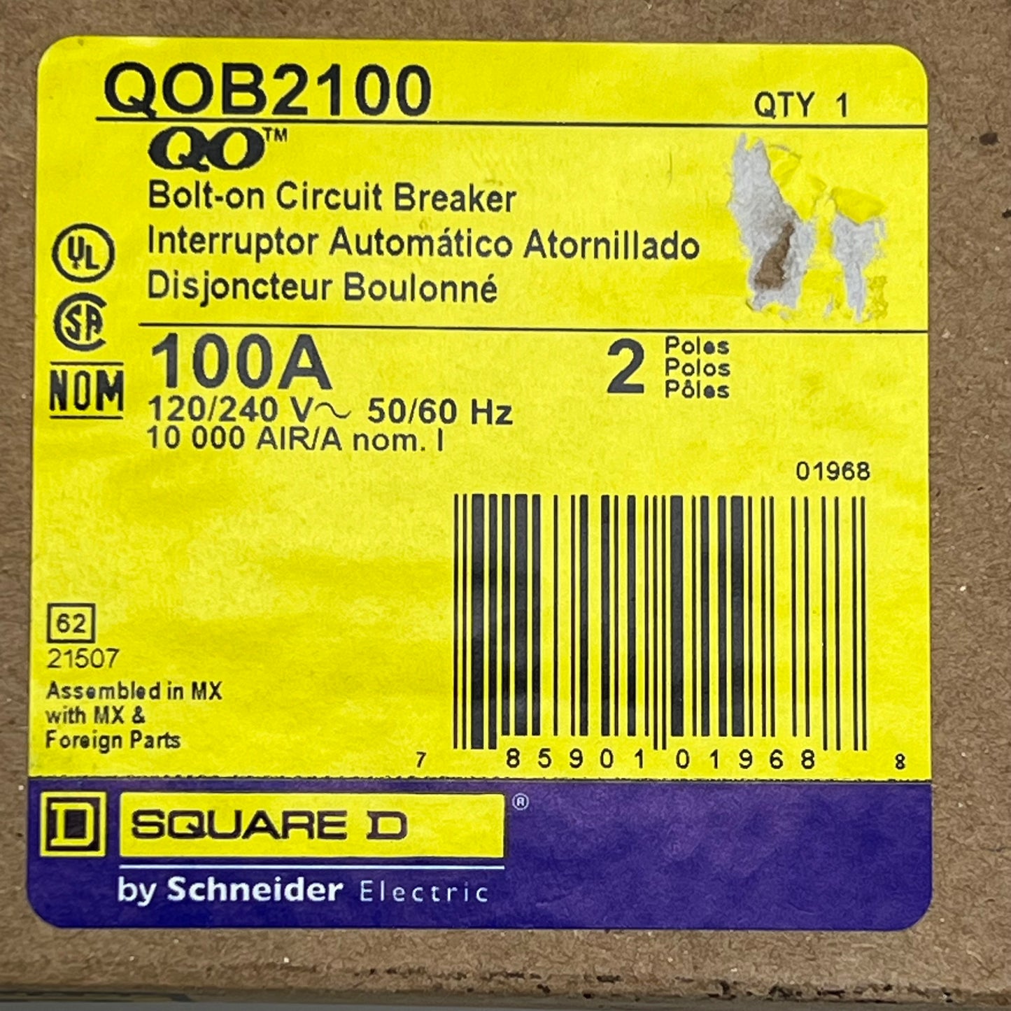 SQUARE D 100Amp Circuit Breaker Bolt-On 2 Pole 240 Volt QOB2100