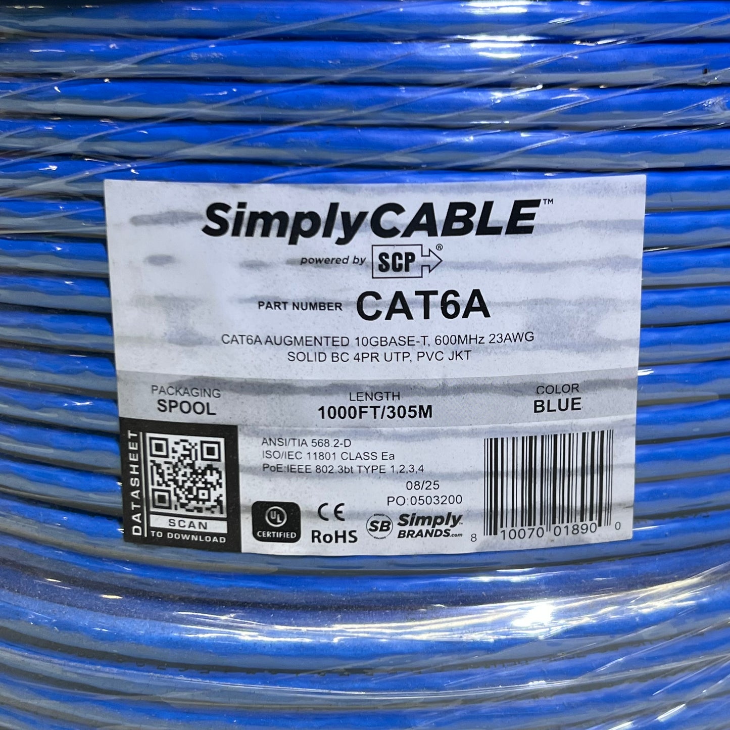 SIMPLY CABLE 1000 ft. Ethernet Cable, Blue CAT6A