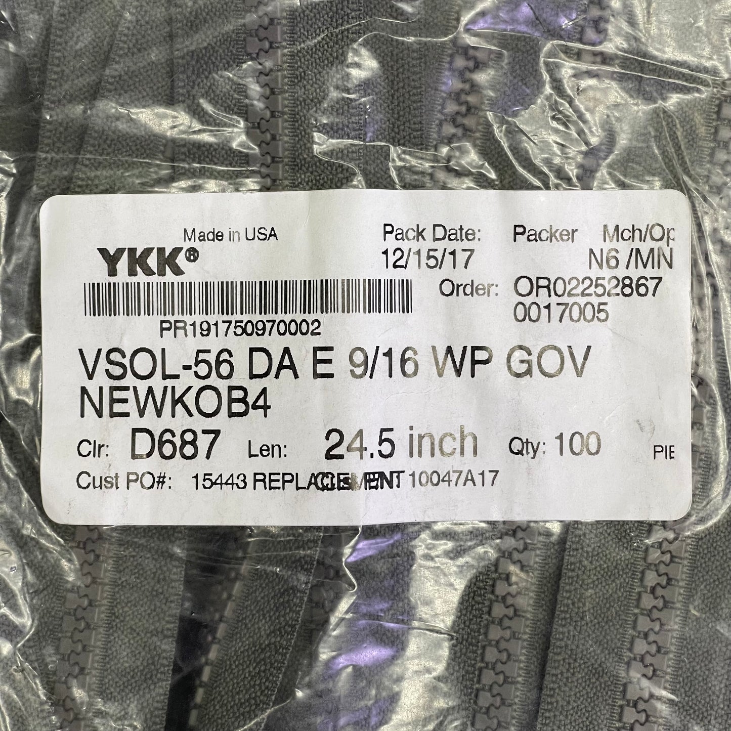 ZA@ YKK (100 PACK!) Vislon #5 Separating Zippers 24.5" Grey VSOL-56 DA E 9/16 WP GOV NEWKOB4
