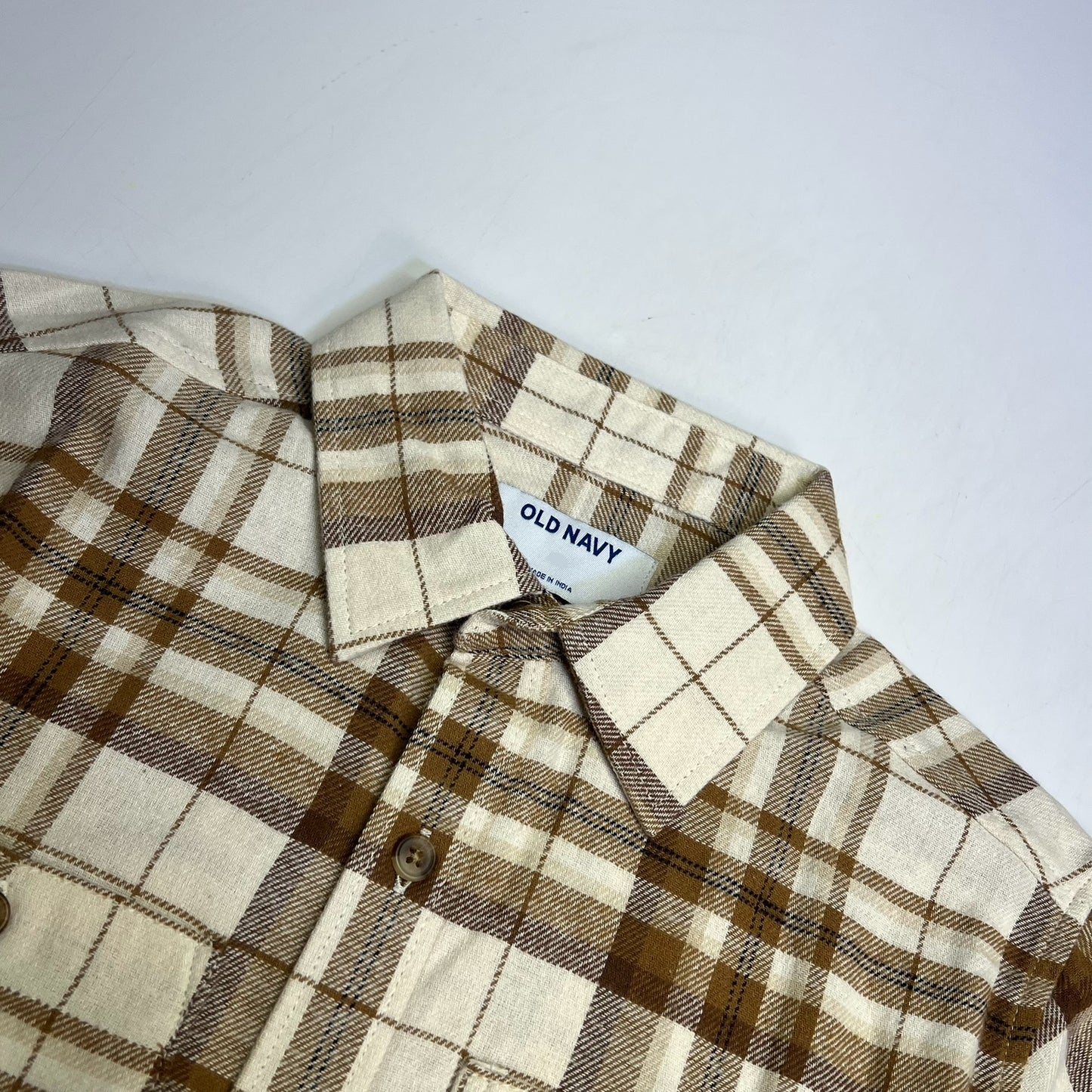 OLD NAVY Long-Sleeve Pocket Plaid Flannel Shirt Boy's Sz S White/Burnt Orange