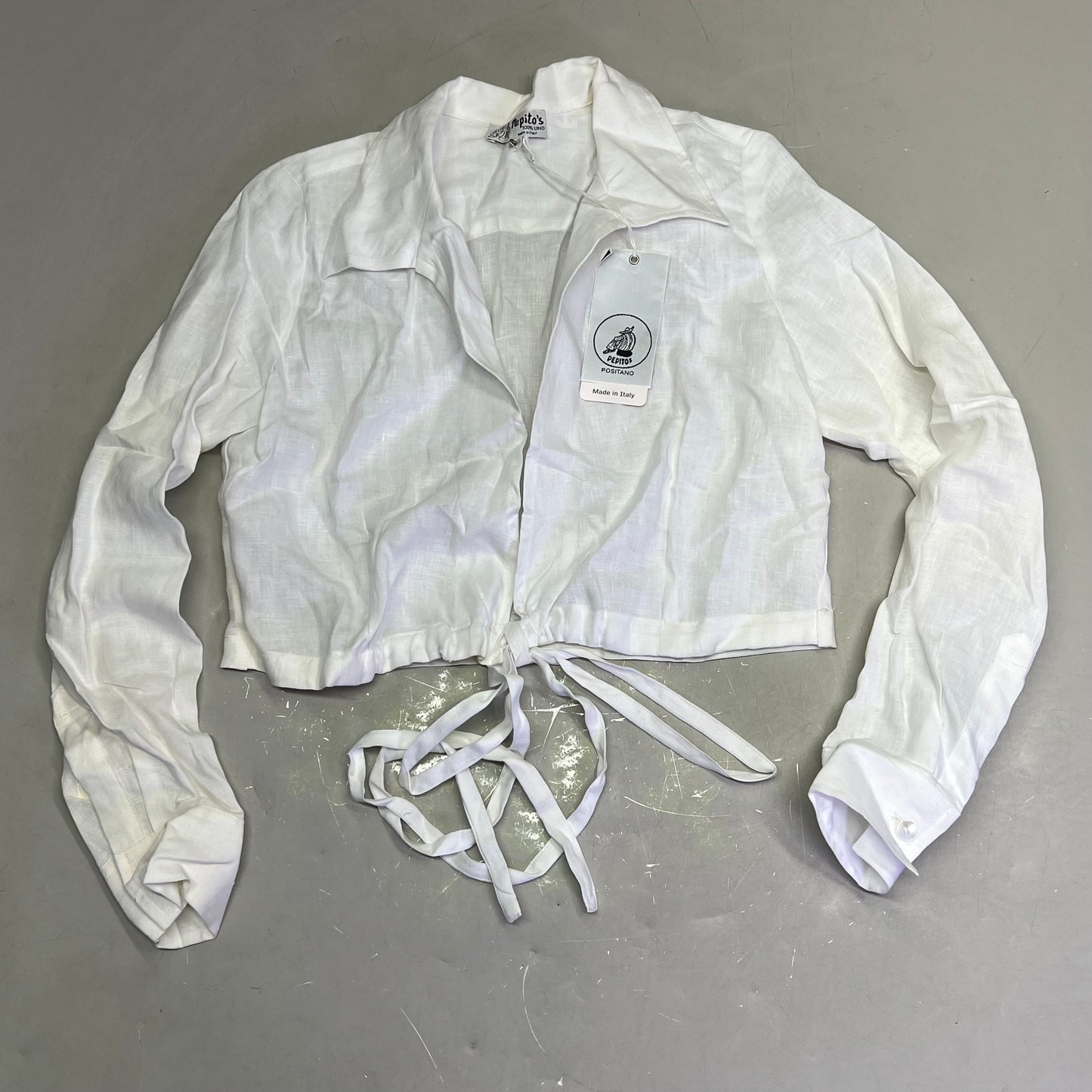 PEITO'S 100% Linen Cropped Long Sleeve Collared Shirt Women's Sz S Solid White