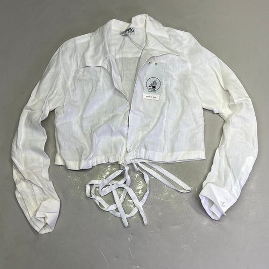 PEITO'S 100% Linen Cropped Long Sleeve Collared Shirt Women's Sz S Solid White