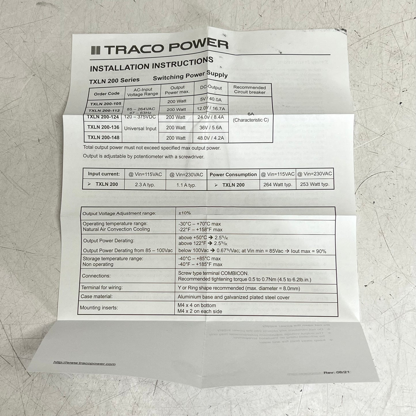 TRACO POWER Enclosed Type Ac/dc Power Supply  AC input 85~264Vac TXLN 200-124